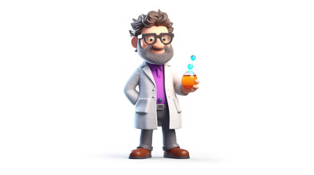 3d illustration of a cartoon scientist with a glass of orange juiceの素材