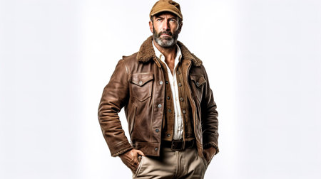 Handsome man wearing a brown leather jacket and cap on white backgroundの素材