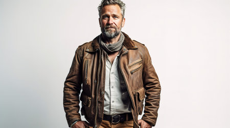Portrait of a handsome middle-aged man in a leather jacket and scarf.の素材