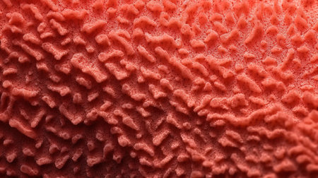 Close-up of a frozen strawberry ice cream in red tone.の素材