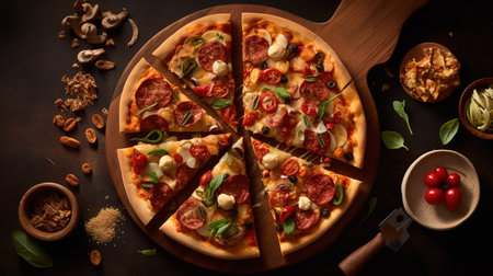Pizza with salami, mozzarella cheese, tomatoes and basilの素材