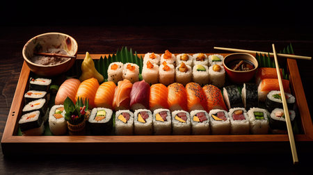 Sushi set on a wooden tray on a dark background. Japanese foodの素材