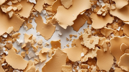 Close up of broken eggshells on white background, top viewの素材