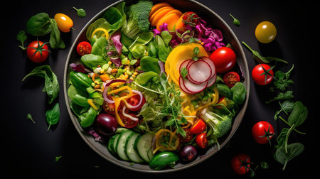 Fresh vegetable salad in bowl on black background. Healthy food concept.の素材