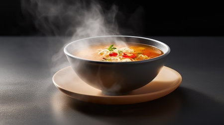 Bowl of hot soup with noodles and vegetables on a dark backgroundの素材
