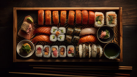Sushi set in wooden box on dark wooden background, top viewの素材