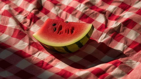 Sliced watermelon on a checkered picnic tableclothの素材