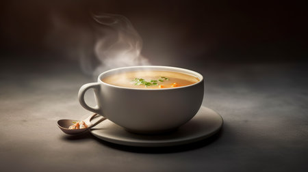 Cup of hot soup with steam and spoon on dark background.の素材