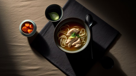 Japanese ramen soup with chopsticks and soy sauce in a bowlの素材