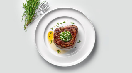 Grilled beef steak with dill and sauce on a white plateの素材