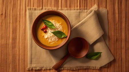 A bowl of pumpkin soup garnished with basil and red pepper.の素材