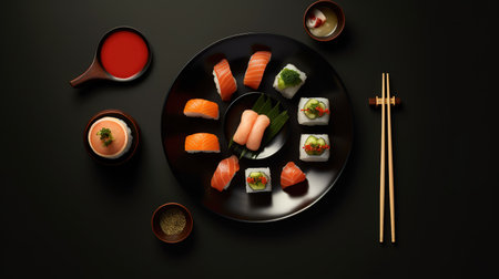 Sushi set on a black plate with chopsticks, soy sauce, ginger, wasabi, wasabi and ginger on a black background.の素材