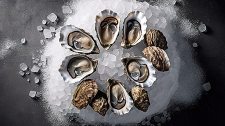 Fresh oysters with ice on a black background, top view.の素材