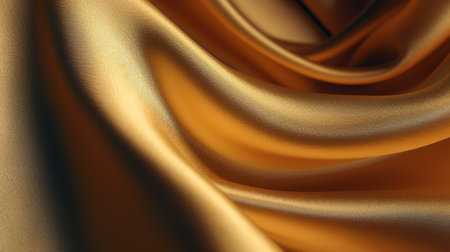 Closeup of rippled golden satin fabric texture background.の素材