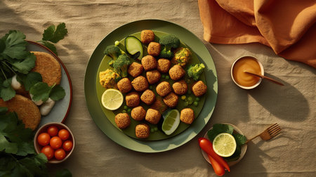 Delicious falafel balls with vegetables on plate, top viewの素材