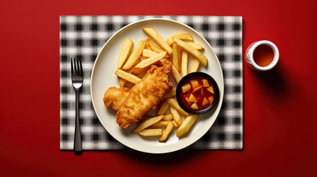 Fish and chips on a plate on a red background, top viewの素材