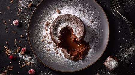Chocolate fondant with powdered sugar and raspberries on black backgroundの素材