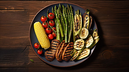 Grilled vegetables on a plate on a wooden background. Top viewの素材