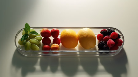 Fruit in a glass tray on a white background with a shadowの素材