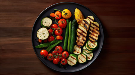Grilled vegetables on a black plate on a dark wooden background.の素材