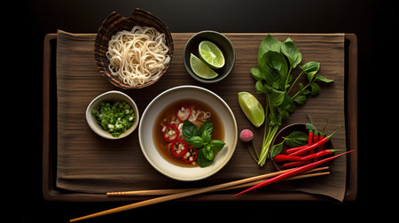 Top view of a wooden board with Asian food on a black backgroundの素材