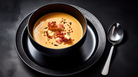 Pumpkin soup with croutons and cream on black backgroundの素材