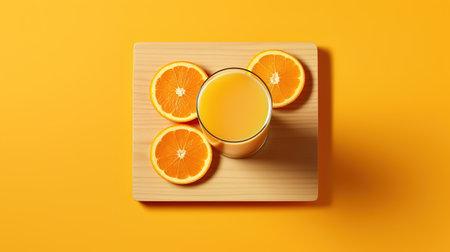Glass of fresh orange juice and cut oranges on wooden board, top viewの素材