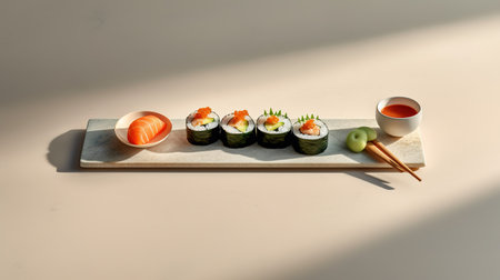 Sushi roll with salmon and cucumber on a wooden board.の素材