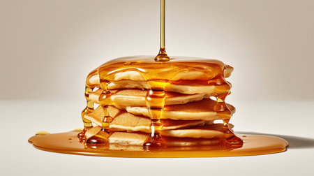 Honey pouring from a honey pot to a stack of pancakes on a white backgroundの素材