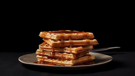 Stack of belgian waffles with caramel sauce on a black backgroundの素材