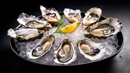 Fresh oysters on ice with lemon and rosemary on black backgroundの素材