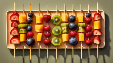 Fruit skewers on a green background, top view, flat layの素材