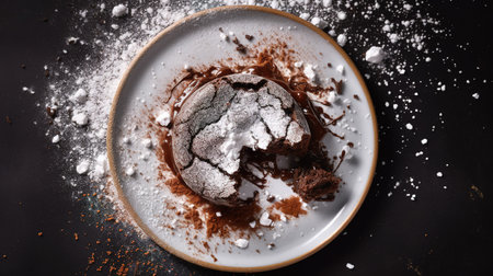 Chocolate ice cream with cocoa powder on dark background, top viewの素材