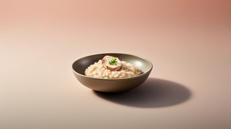 Risotto in a brown bowl on a beige background.の素材