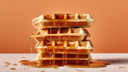 Stack of belgian waffles with caramel syrup on orange background.の素材