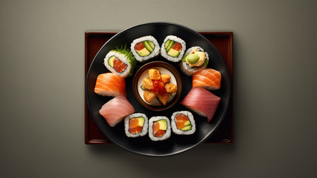 Sushi set on black plate, top view, 3d renderingの素材