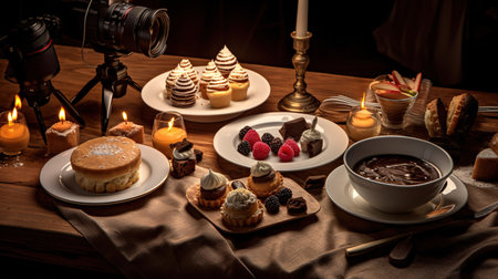 Chocolate fondue with a variety of sweets on a wooden tableの素材