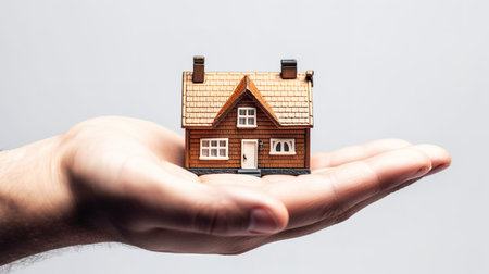 Man holding a miniature house in his hand. Real estate concept.の素材