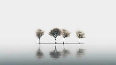 three trees on the lake in foggy day with reflection in waterの素材