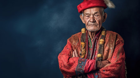 Old man in ethnic clothes on a dark background. Copy space.の素材