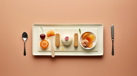Top view of a plate with different types of desserts and cutleryの素材