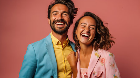 excited multicultural couple laughing and looking at camera isolated on pink backgroundの素材