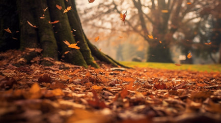 Autumn leaves in the forest. Beautiful nature background. Fall seasonの素材