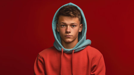 Portrait of a young man in a red hoodie on a red background.の素材