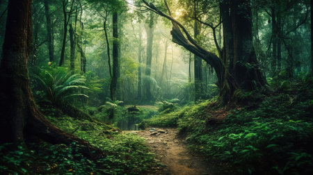 Foggy trail in the tropical forest, New Zealand, Asiaの素材