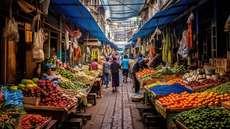 View of unknowns Nepali people shopping at the street market in Kathmandu in the morningの素材