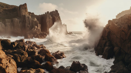 Beautiful seascape with big waves crashing on the rocks.の素材