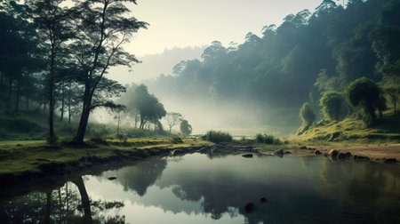 Landscape of misty river and trees in the morning, Thailandの素材