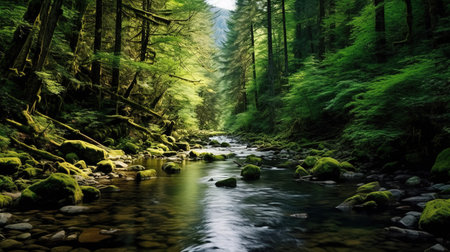 A long exposure of a mountain river flowing through a green forest.の素材