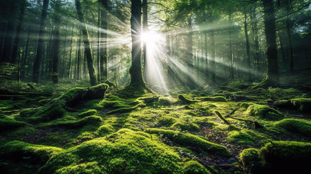 Mysterious dark forest with sun rays and green mossy treesの素材